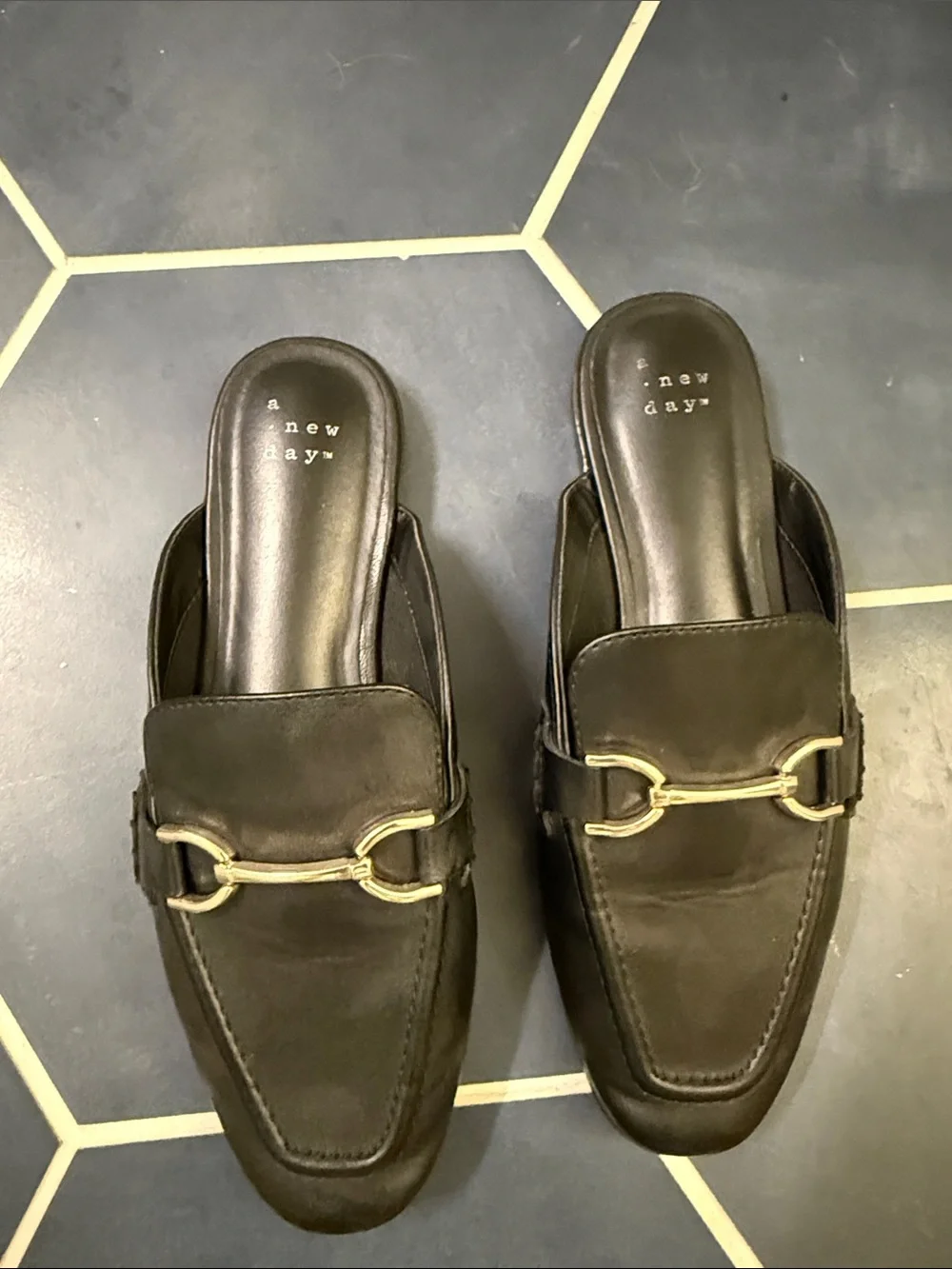 a new day Black Slip-On Leather Loafers with Gold Bit